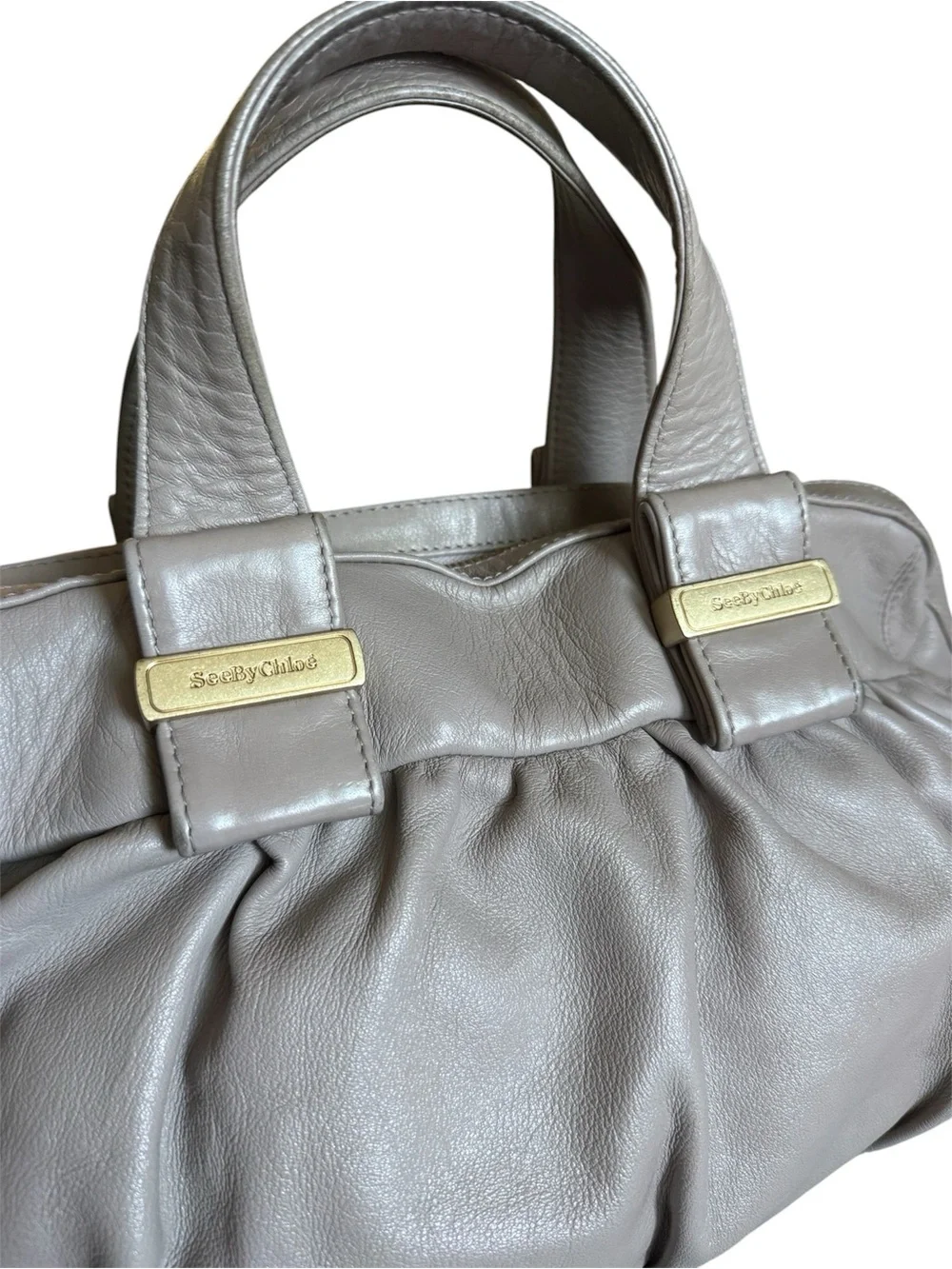 Authentic See by Chloé Taupe Leather Pleated Satchel Shoulder Bag - Picture 4 of 12
